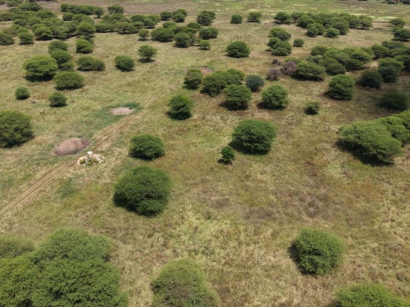 An aerial view of the expansive small holding property, showcasing open grazing land and natural indigenous vegetation.