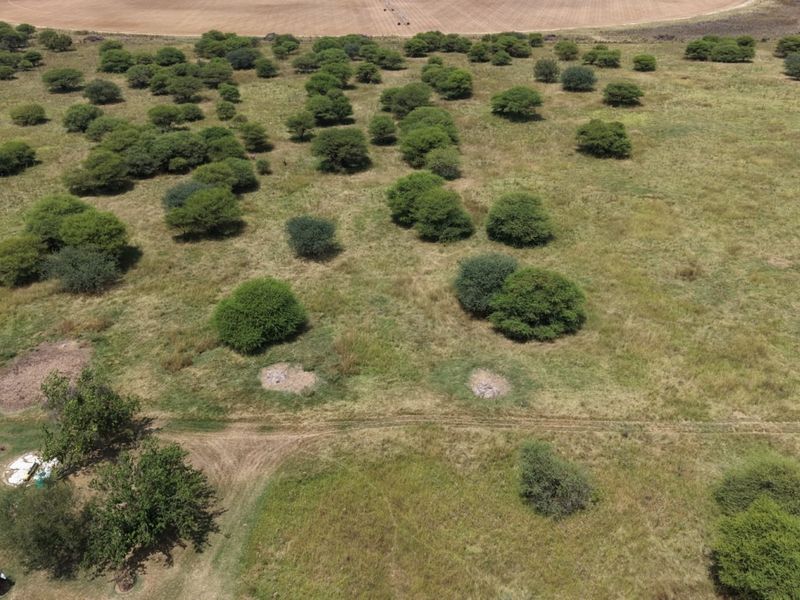An aerial view of the expansive small holding property, showcasing open grassland, scattered indigenous trees, and natural landscape features.