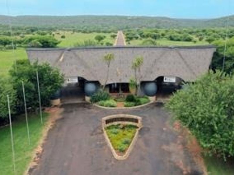 Aerial view of the lodge entrance featuring a prominent thatched roof structure, paved driveway, and landscaped surroundings in a natural bushveld setting.