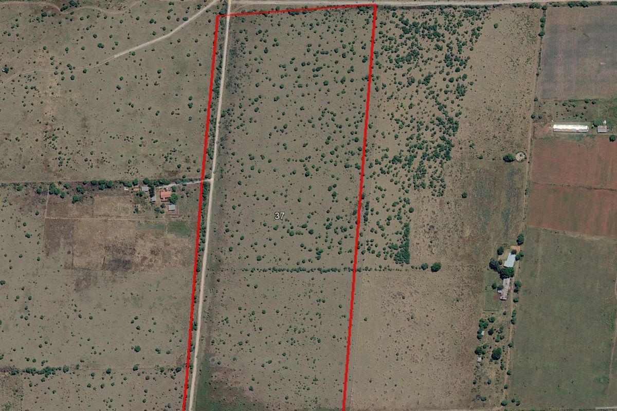 Aerial view of a large, undeveloped residential plot of land with natural vegetation and clearly marked property boundaries.