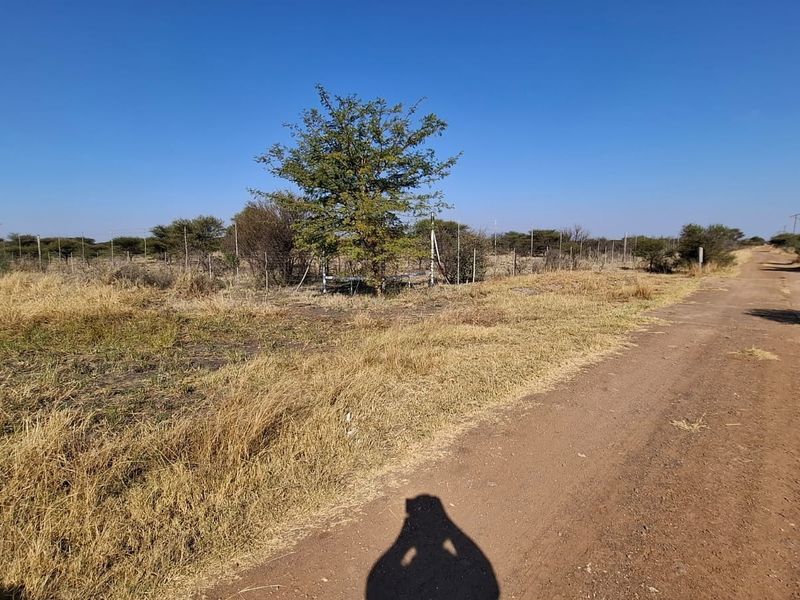 A view of a vacant residential plot from the adjacent dirt road, featuring natural vegetation and perimeter wire fencing.