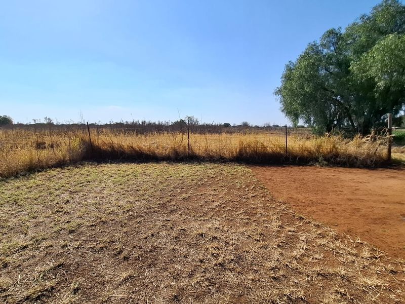 An expansive, undeveloped outdoor area featuring wire fencing and mature trees, characterized by dry, unmaintained ground cover.