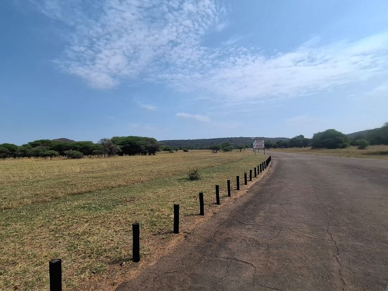 A view of a vacant residential land plot featuring an asphalt road frontage and boundary bollards, set against a natural landscape.