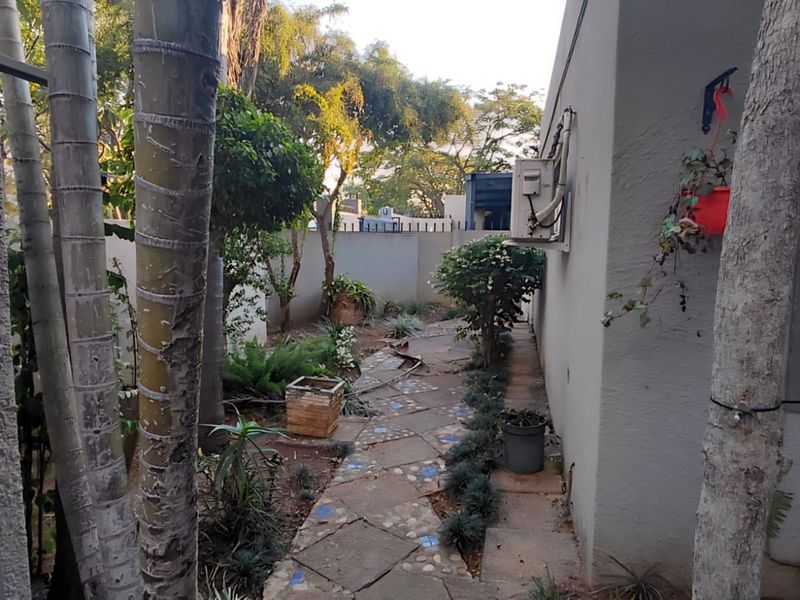 A side garden pathway featuring stone paving, mature trees, and a boundary wall, providing access along the side of the property.