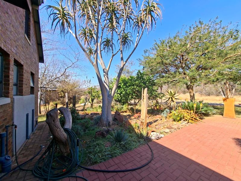 A rear garden area featuring established trees, landscaped beds, and red brick paving adjacent to the brick exterior of the house.