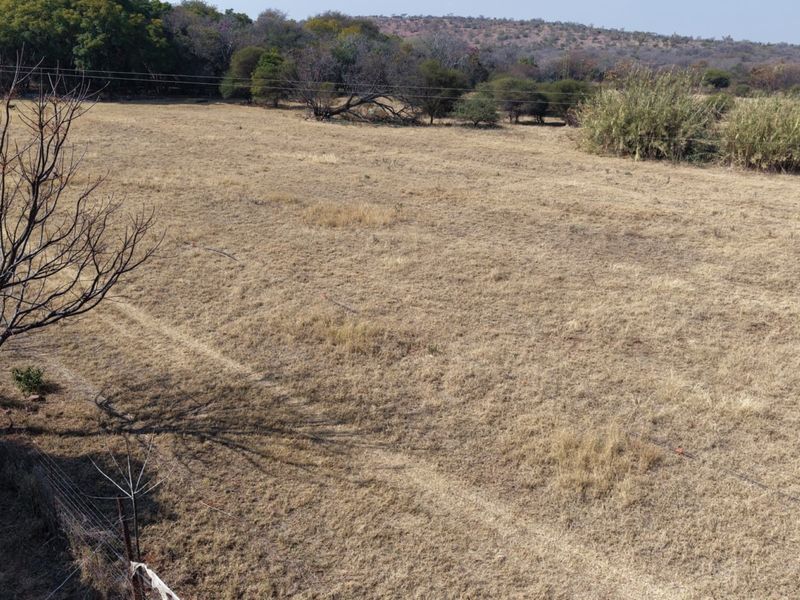 An elevated view of the expansive, dry grassy landscape and surrounding natural vegetation on the farm property.