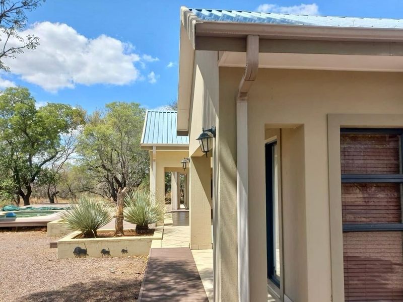 Rear exterior view featuring a covered patio, raised garden beds, and a swimming pool set within a natural, landscaped environment.