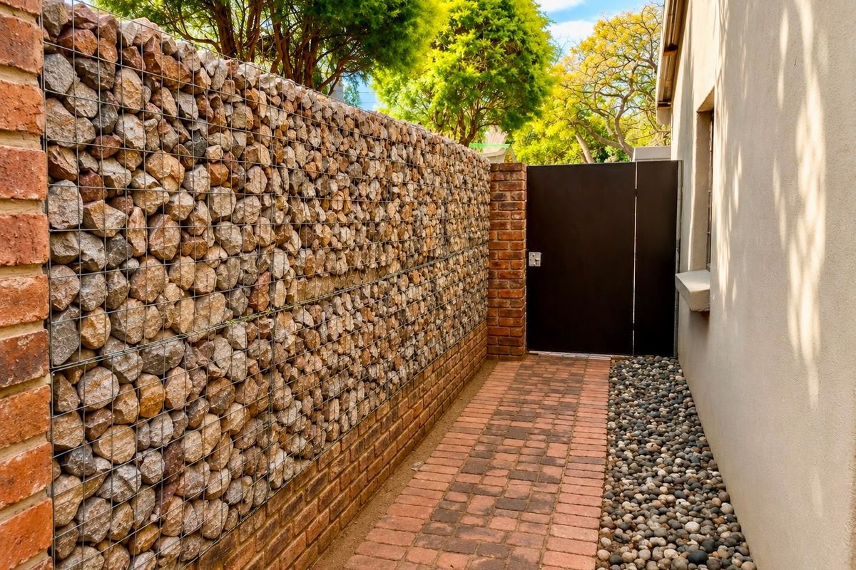A well-maintained side walkway featuring a modern gabion stone wall, brick paving, and a secure metal pedestrian gate.