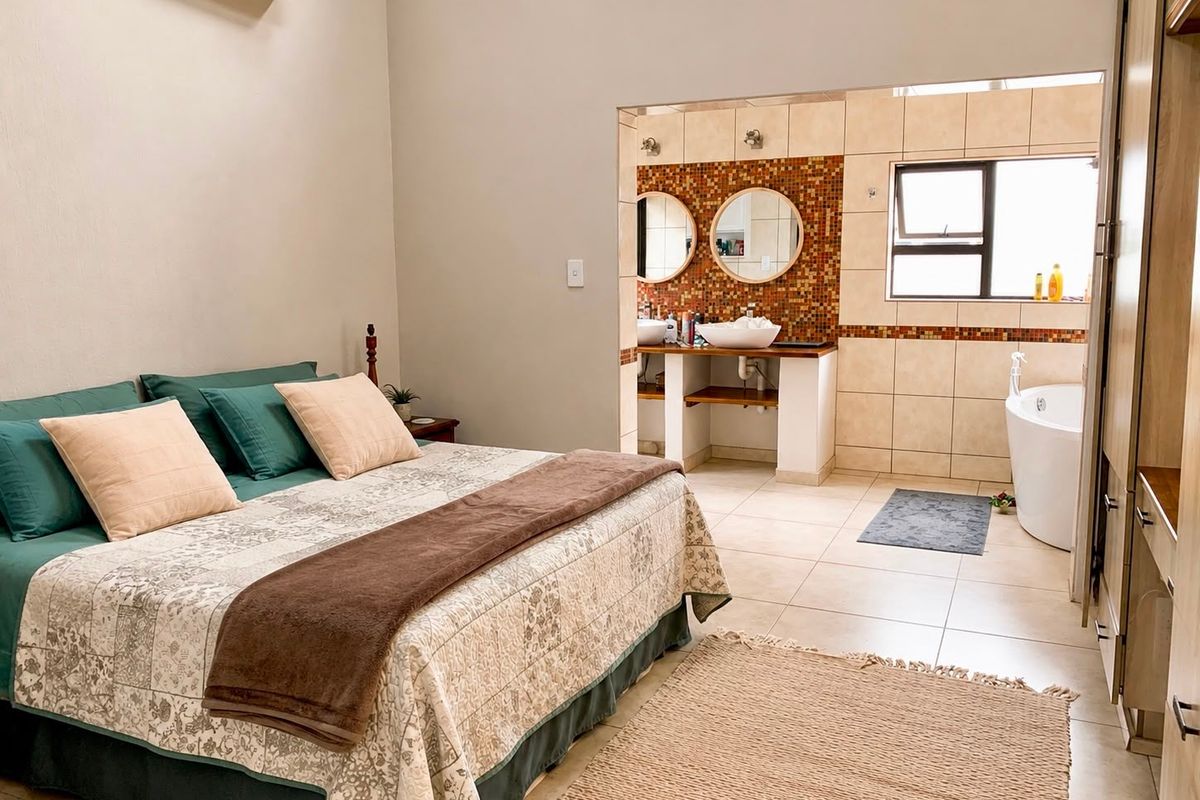 Spacious bedroom featuring an open-plan en-suite bathroom with a freestanding bathtub, double vanity, and decorative mosaic tiling.
