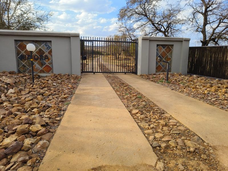 A secure gated entrance to the residential property featuring a concrete driveway, stone landscaping, and pillar lighting.