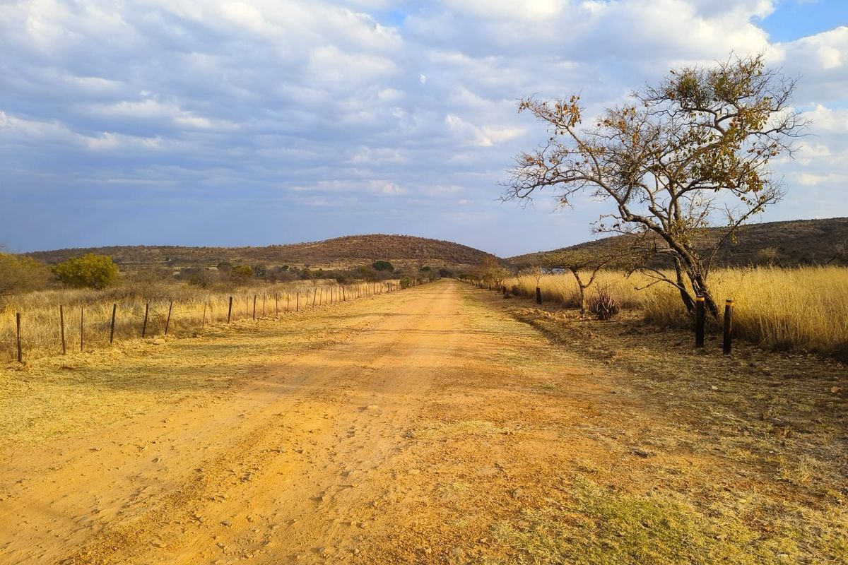 A scenic view of a dirt road stretching through open, undeveloped residential land with natural vegetation and distant hills under a cloudy sky.