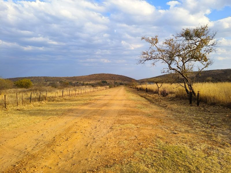 A scenic view of a dirt road stretching through open, undeveloped residential land with natural vegetation and distant hills under a cloudy sky.