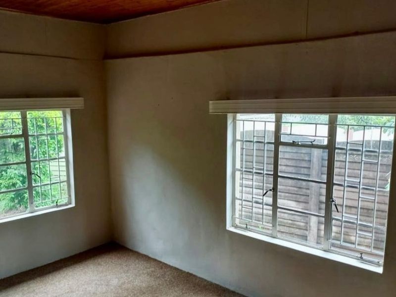 An empty bedroom featuring timber ceilings, carpeted flooring, and steel-framed windows with security burglar bars.