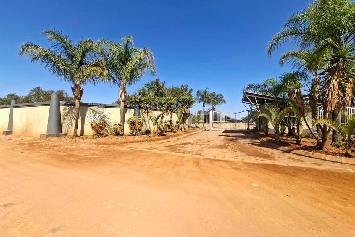 Front entrance view of the residential property featuring a perimeter wall, metal security gate, and established palm trees along an unpaved access road.