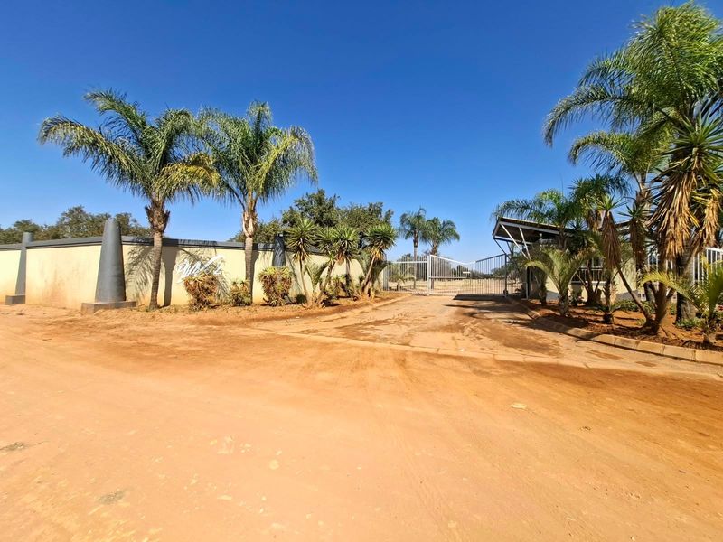Front entrance view of the residential property featuring a perimeter wall, metal security gate, and established palm trees along an unpaved access road.