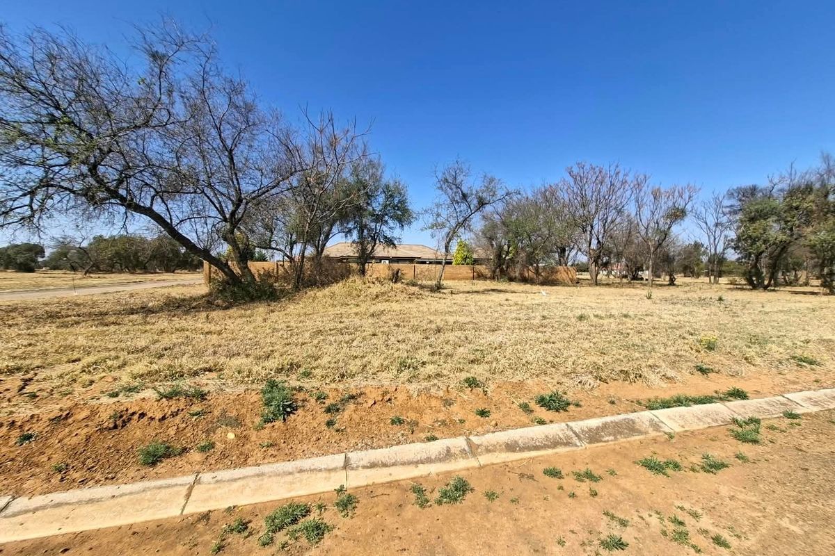 A vacant residential plot featuring dry grass, mature trees, a concrete curb, and a boundary wall in the background.