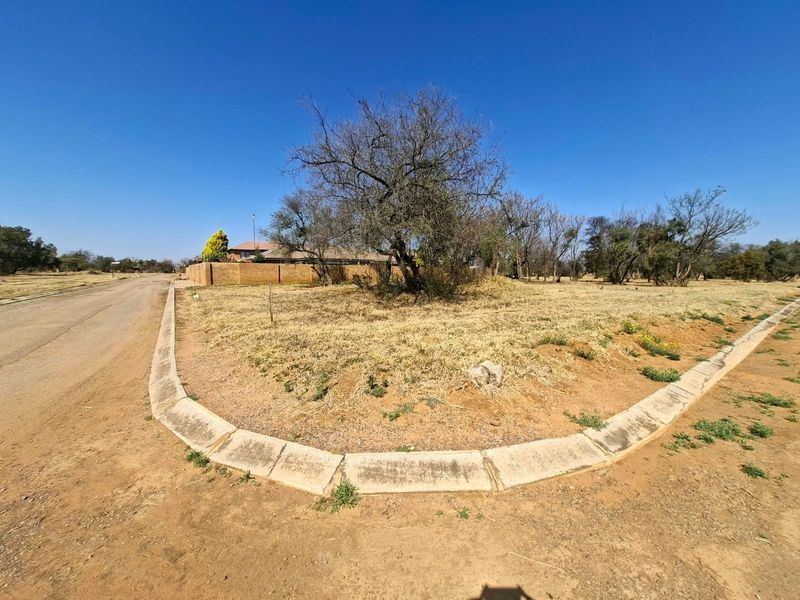 A street-level view of a vacant residential corner lot featuring established trees, concrete curbing, and a brick boundary wall.