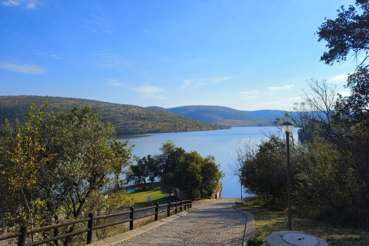 A scenic view overlooking a large lake with a paved driveway leading down towards the water, surrounded by natural landscape and trees.