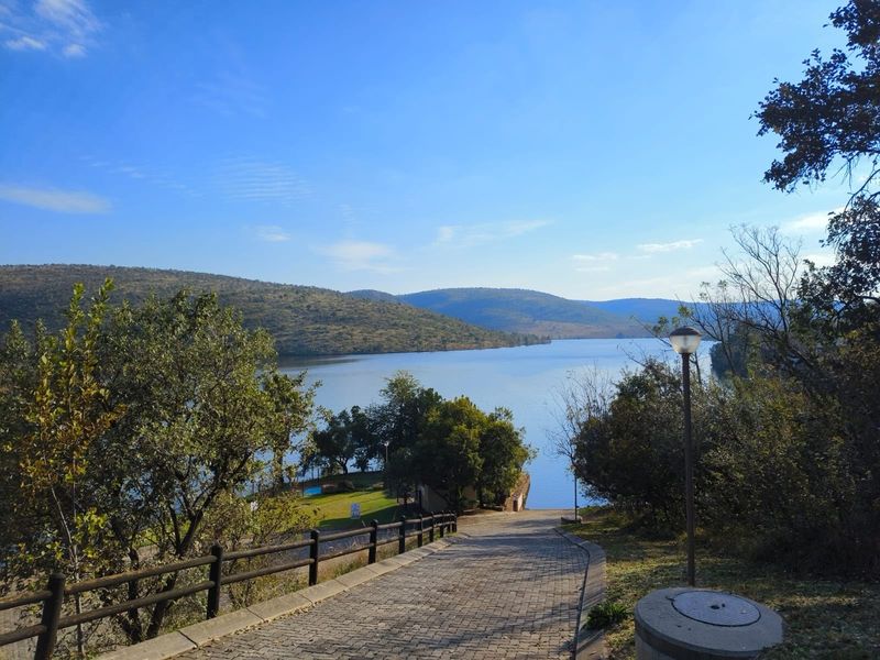 A scenic view overlooking a large lake with a paved driveway leading down towards the water, surrounded by natural landscape and trees.