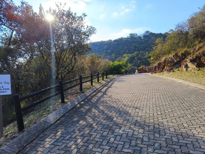 A paved driveway leading through a landscaped residential area, featuring timber post and rail fencing and natural hillside surroundings.