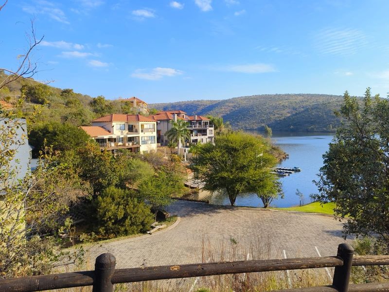 Scenic view overlooking a waterfront residential estate with paved driveway access, mature trees, and surrounding hills.