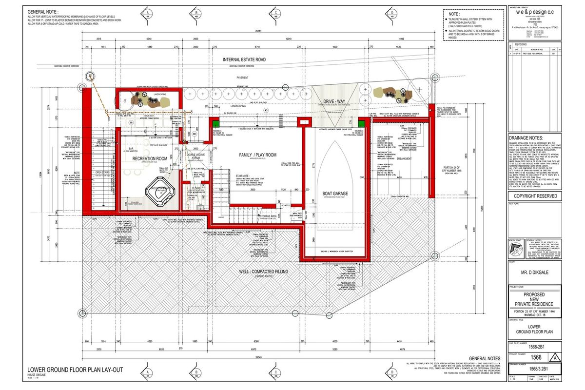 Architectural lower ground floor plan for a proposed private residence, detailing the layout of the recreation room, family room, and boat garage.
