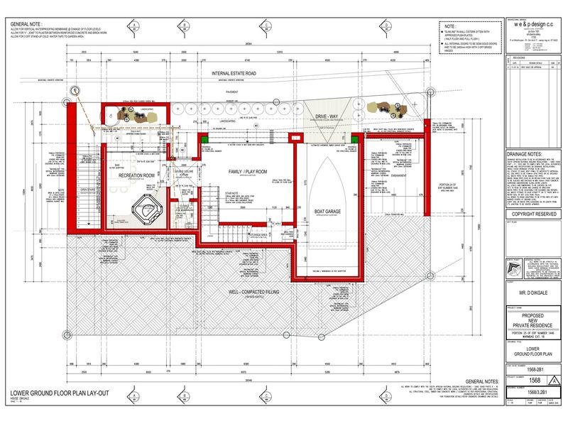 Architectural lower ground floor plan for a proposed private residence, detailing the layout of the recreation room, family room, and boat garage.