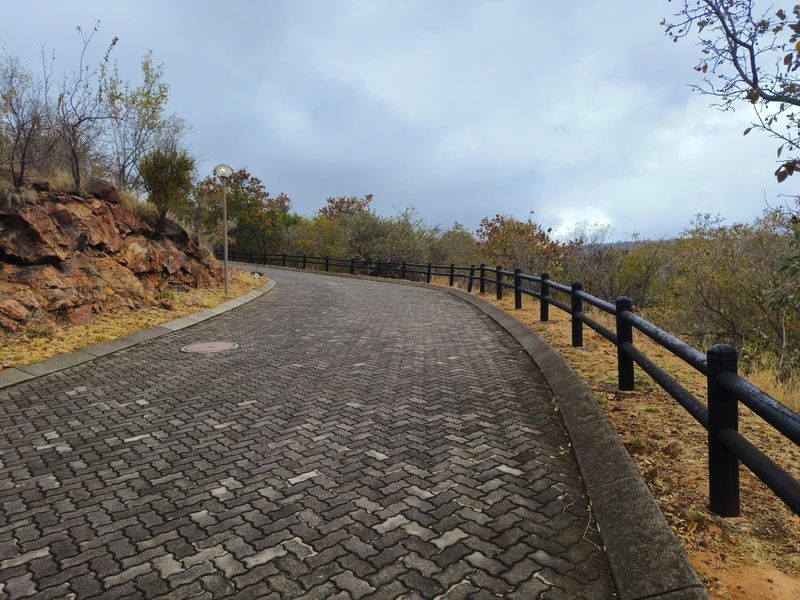 A paved residential driveway featuring post and rail fencing, a retaining rock wall, and integrated street lighting in a natural landscape setting.