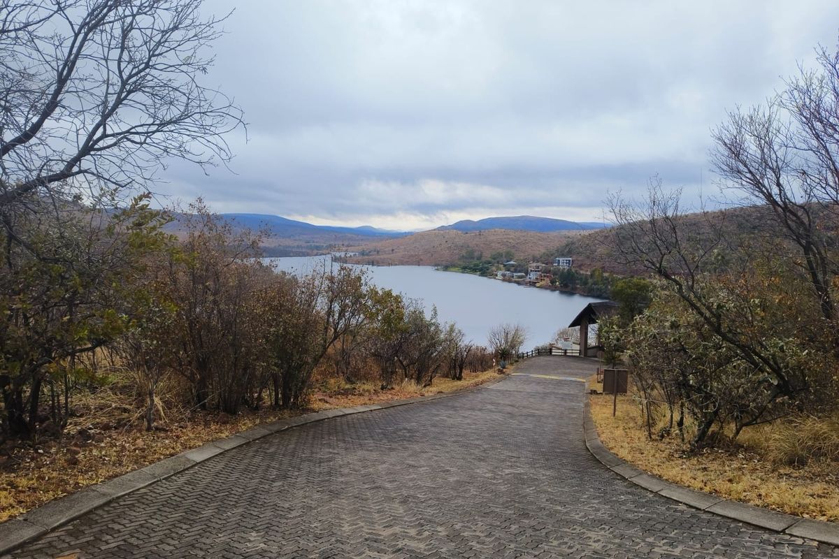 A scenic view overlooking a lake and surrounding hills, featuring a paved driveway leading towards the water.