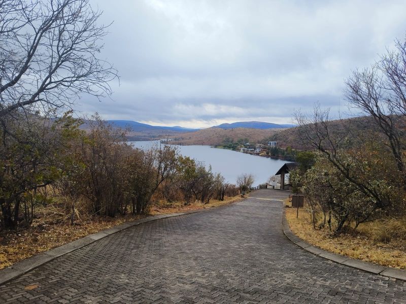 A scenic view overlooking a lake and surrounding hills, featuring a paved driveway leading towards the water.