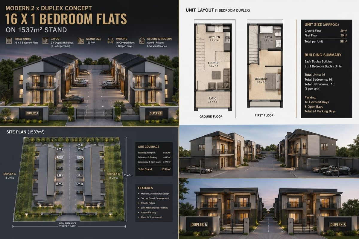 Architectural presentation board showcasing a modern residential duplex development concept with site plans, unit layouts, and exterior renderings.