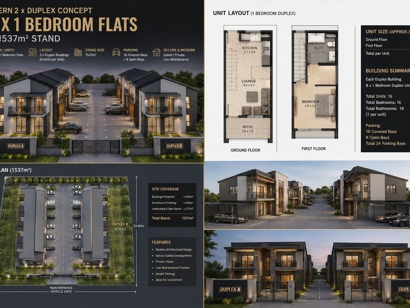 Architectural presentation board showcasing a modern residential duplex development concept with site plans, unit layouts, and exterior renderings.