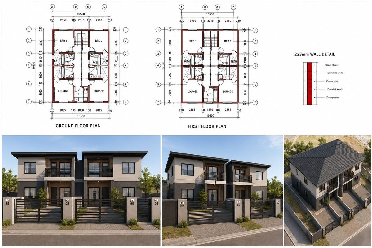 A comprehensive architectural presentation featuring ground and first floor plans, wall construction details, and 3D exterior renderings of a residential development.