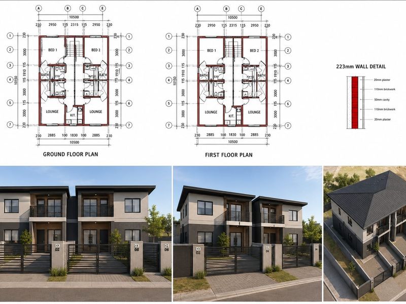 A comprehensive architectural presentation featuring ground and first floor plans, wall construction details, and 3D exterior renderings of a residential development.
