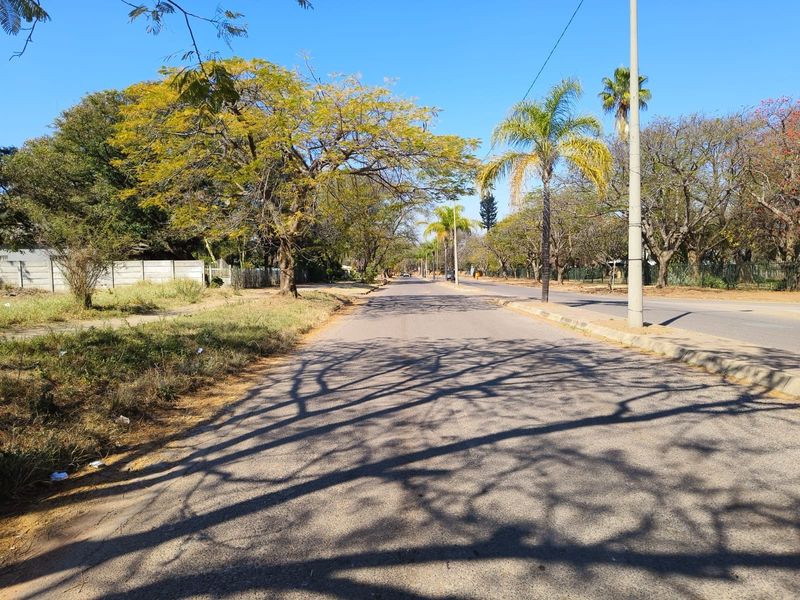 A view of the residential street frontage featuring mature trees, asphalt road, and established boundary walling in a suburban neighborhood setting.