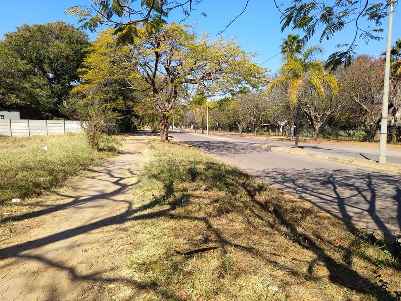 A street-level view of the residential property frontage, featuring a paved road, verge, and established trees along the boundary.