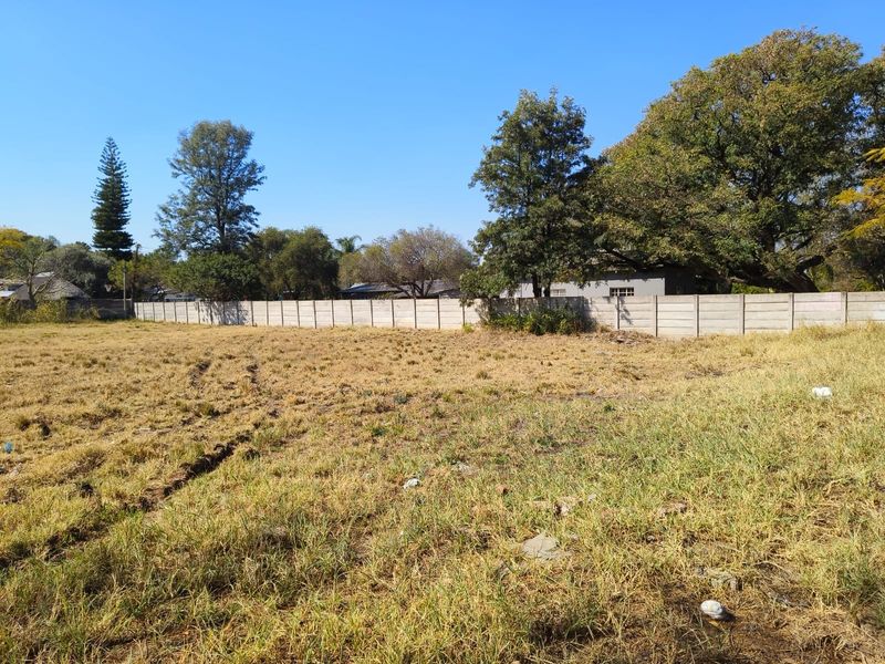 A vacant residential plot featuring dry grass, mature trees, and a precast concrete boundary wall.