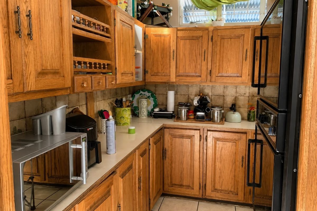 A compact kitchen featuring traditional oak cabinetry, tiled backsplash, and built-in oven, offering a functional layout with potential for modern updates.