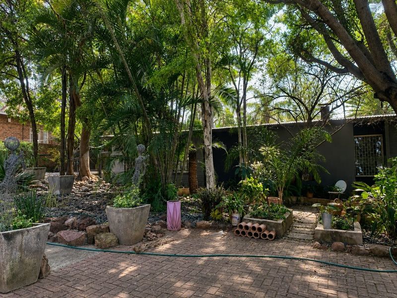 A lush, shaded garden area featuring mature trees, established landscaping, and a paved patio space.