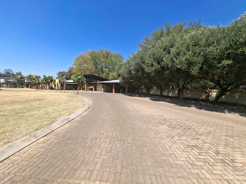 A wide paved driveway leading towards a covered carport structure, surrounded by mature trees and a perimeter wall on a residential property.