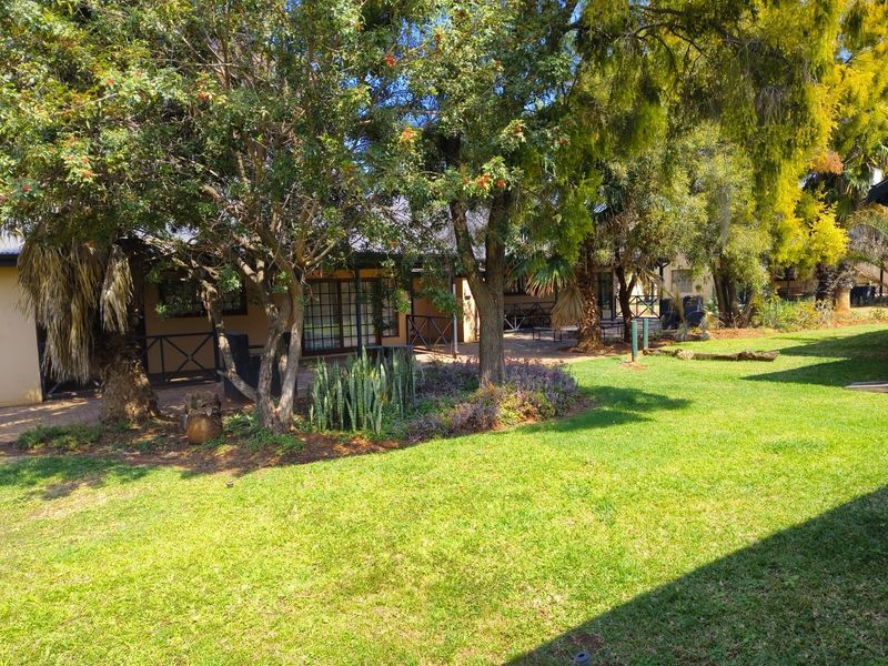 A well-maintained rear garden featuring a paved patio area, mature trees, and established landscaping, providing a private outdoor space.