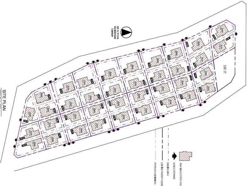 A detailed site plan showing the proposed subdivision layout for the residential land development, including building lines and vehicle access points.