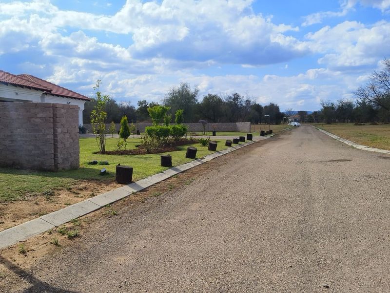 A view of the gravel street frontage showing the property boundary, concrete curbing, and established garden landscaping.