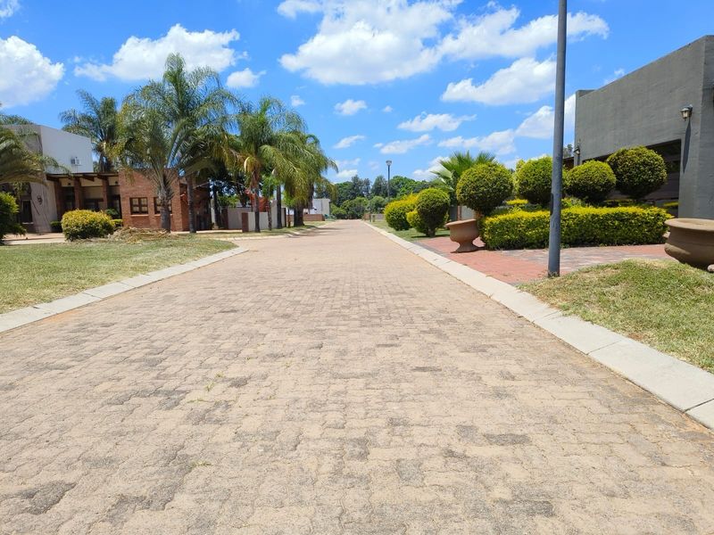 A view of a paved residential street within a well-maintained estate, featuring manicured landscaping and established trees.