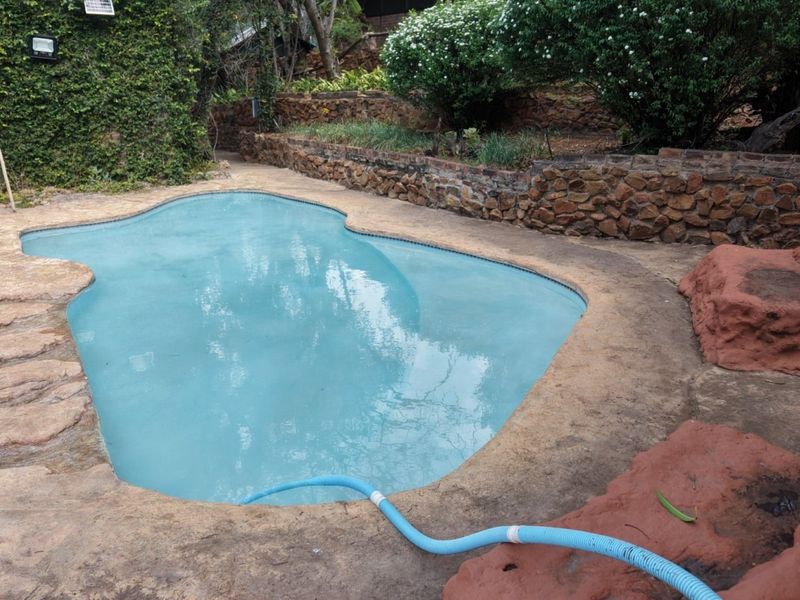 Outdoor swimming pool area featuring natural rock-style coping, stone retaining walls, and landscaped garden surrounds.