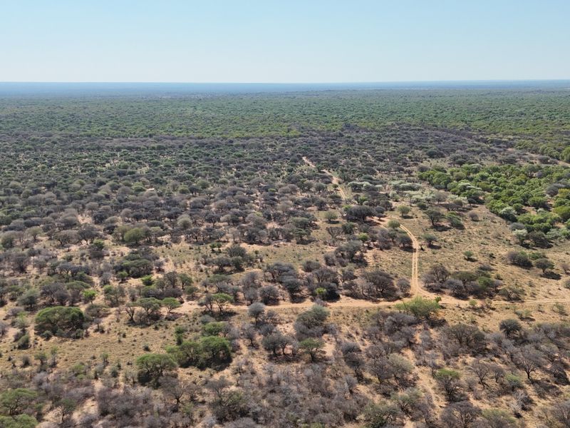 An expansive aerial view of the farm property, showcasing the vast landscape, native bushveld, and existing dirt access tracks.