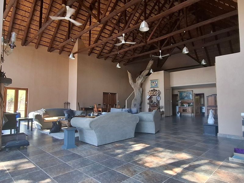 Spacious open-plan living area featuring a high thatched roof with exposed timber trusses, ceiling fans, and durable tiled flooring.