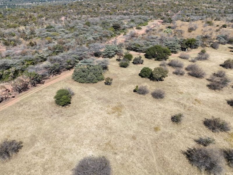 An aerial view of the expansive farm property featuring natural veld, scattered indigenous trees, and an access dirt road.