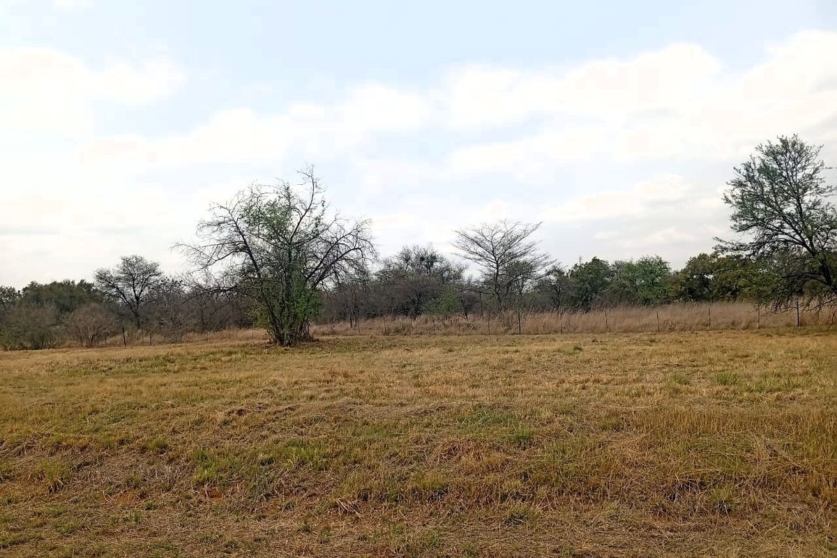 A view of a vacant residential plot featuring natural grass, scattered trees, and perimeter wire fencing.