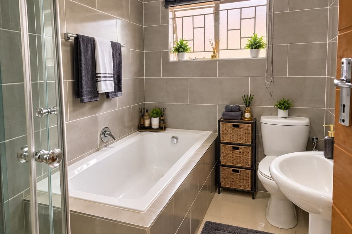 Modern bathroom featuring a built-in bathtub, pedestal sink, toilet, and a glass-enclosed shower, finished with neutral ceramic wall tiles.